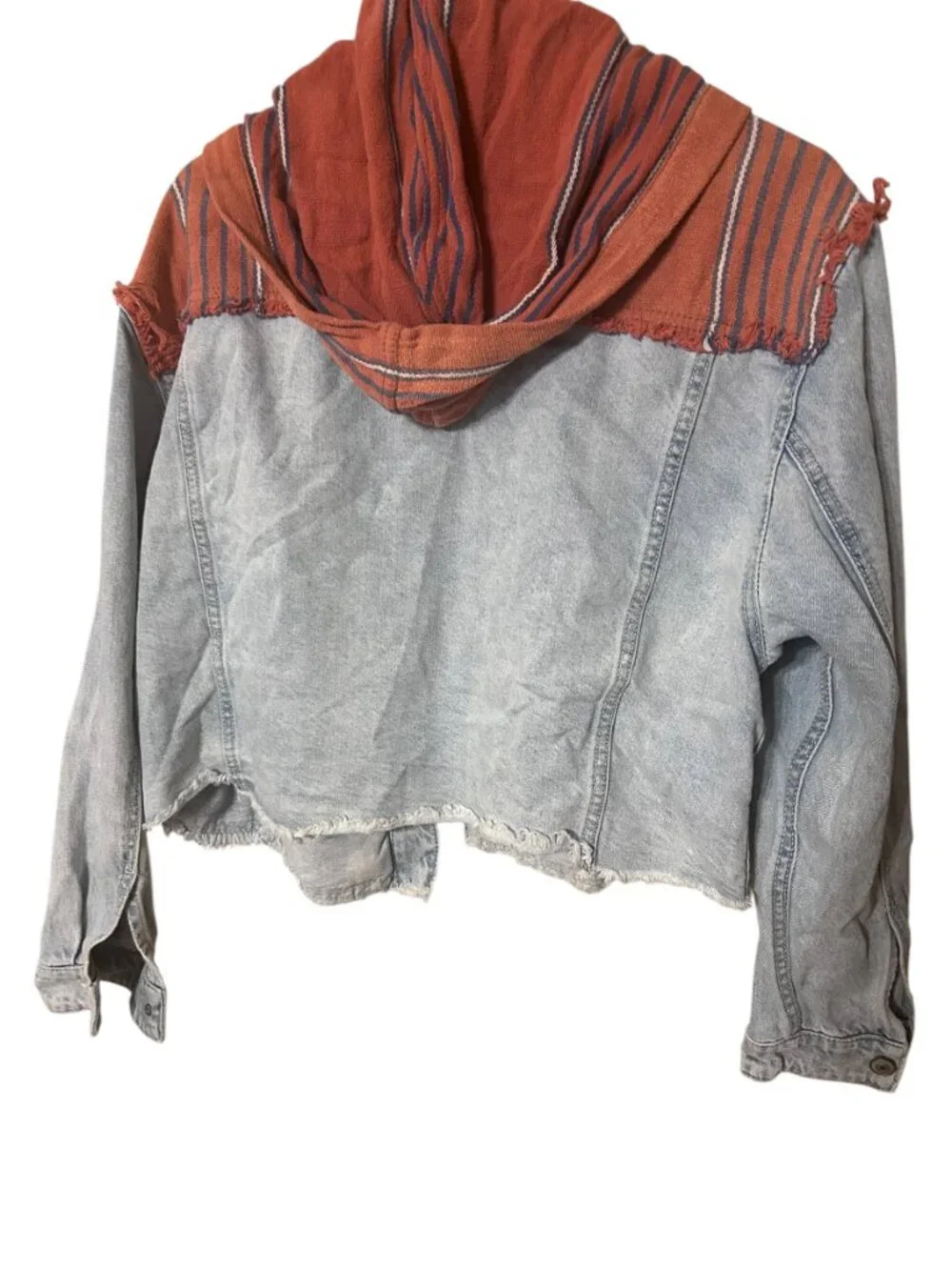Free People Hooded Denim Jacket Rust Stripe Raw Hem Cropped XS